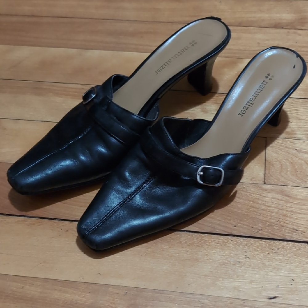 Naturalizer Black Leather Mules 2" Heels Buckle Accent 6